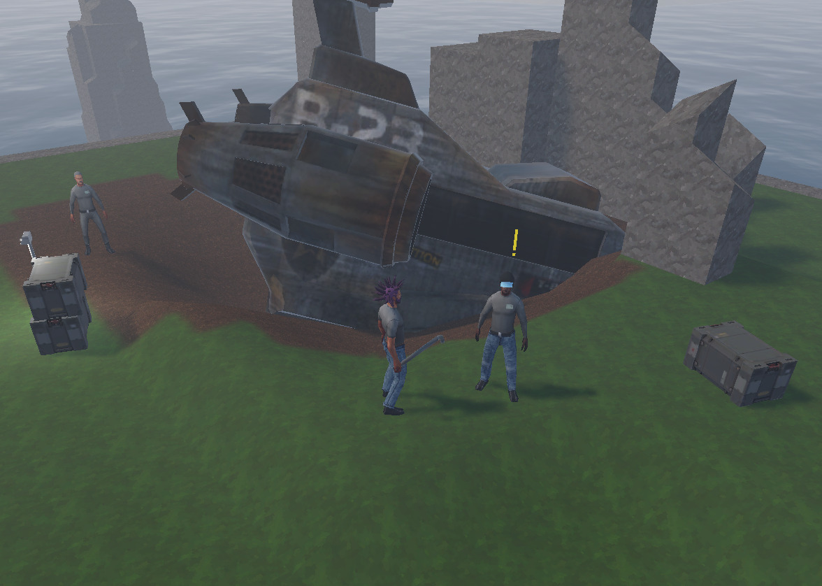 A player facing a quest giver beside the crashed shuttle on Planetfall Isle.